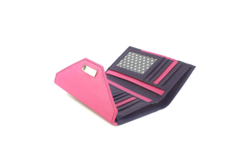 Genuine Soft Leather Purse RFID with contrast envelope style panels and metal bar Purple & Pink - British D'sire
