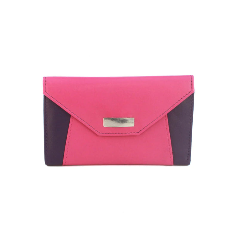 Genuine Soft Leather Purse RFID with contrast envelope style panels and metal bar Purple & Pink - British D'sire
