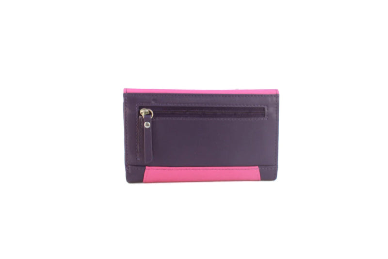 Genuine Soft Leather Purse RFID with contrast envelope style panels and metal bar Purple & Pink - British D'sire Main image