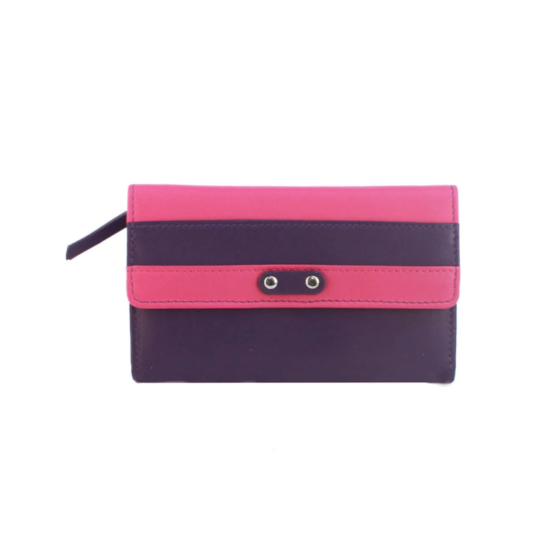 Genuine Soft Leather Purse RFID with contrast panel and stud detail Purple & Pink - British D'sire Main image