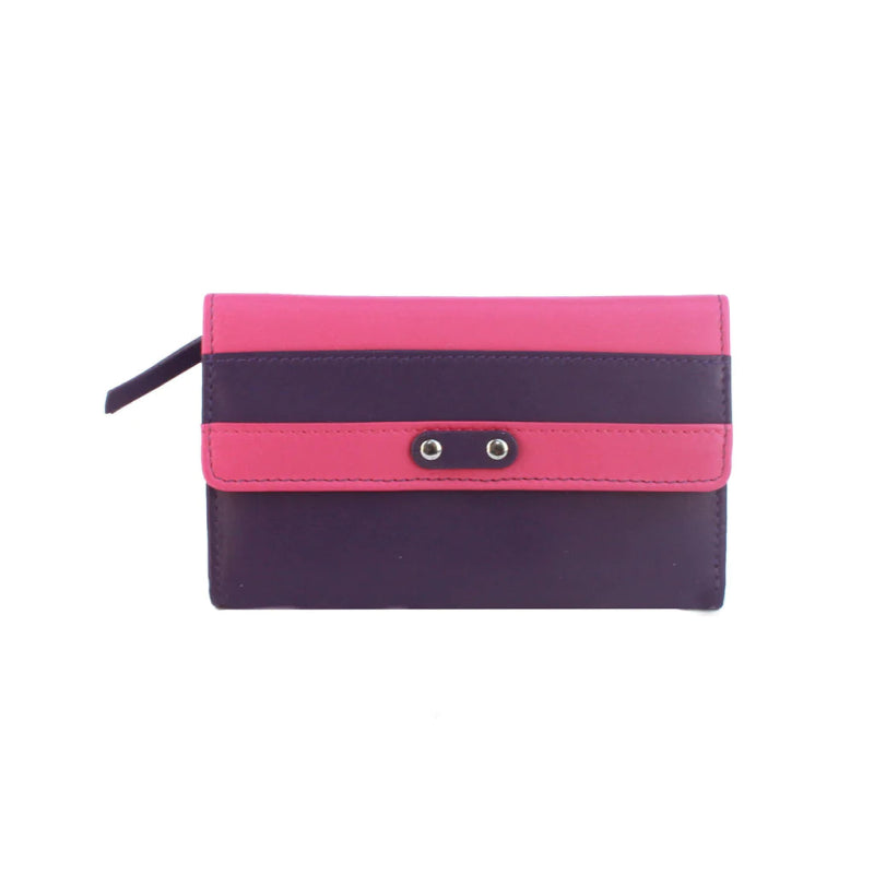 Genuine Soft Leather Purse RFID with contrast panel and stud detail Purple & Pink - British D'sire