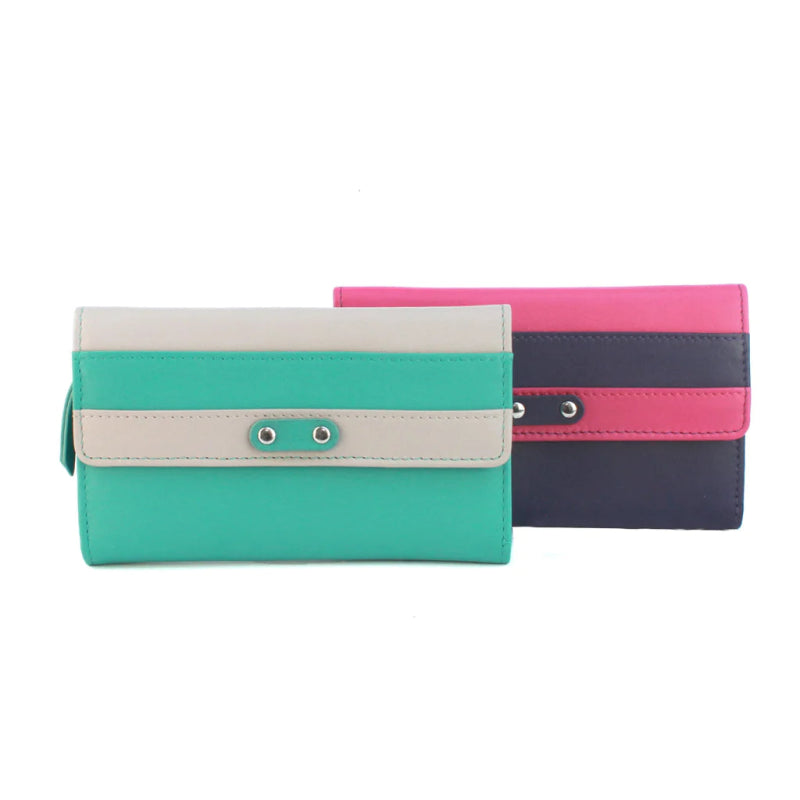 Genuine Soft Leather Purse RFID with contrast panel and stud detail Purple & Pink - British D'sire