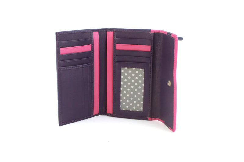 Genuine Soft Leather Purse RFID with contrast panel and stud detail Purple & Pink - British D'sire