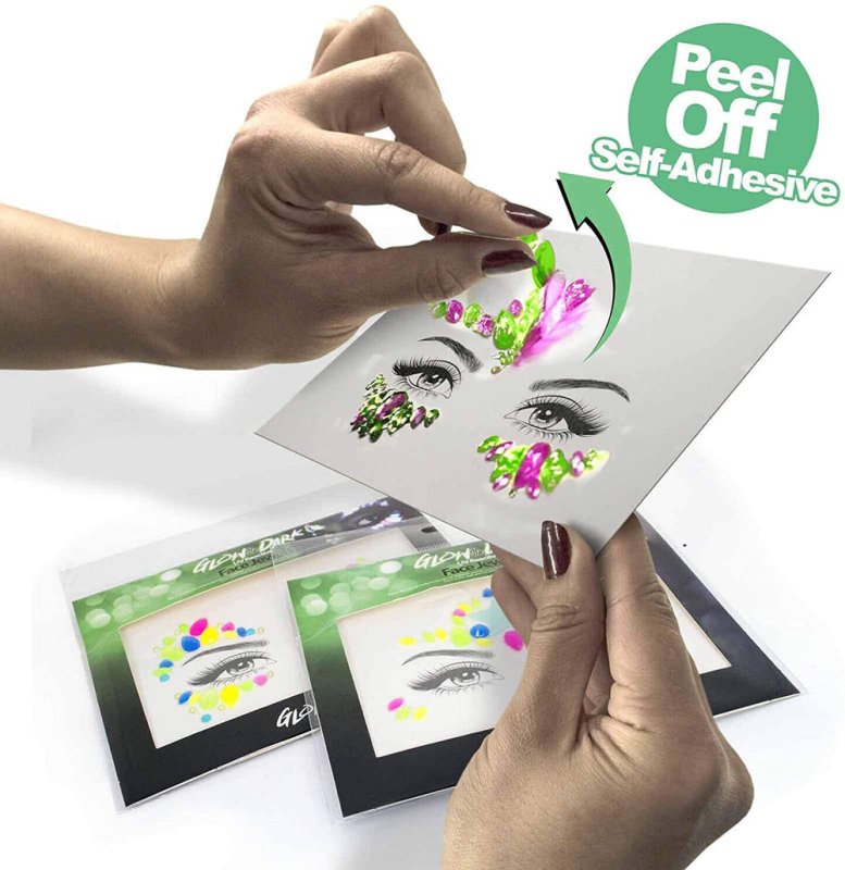 Glow in the Dark Face Jewels Stickers - Halloween temporary tattoo face gems - Luminous glow Face Gems - great with fake blood, glowsticks, glow in the dark face paint, uv face paint - Face Jewels Stickers - British D'sire