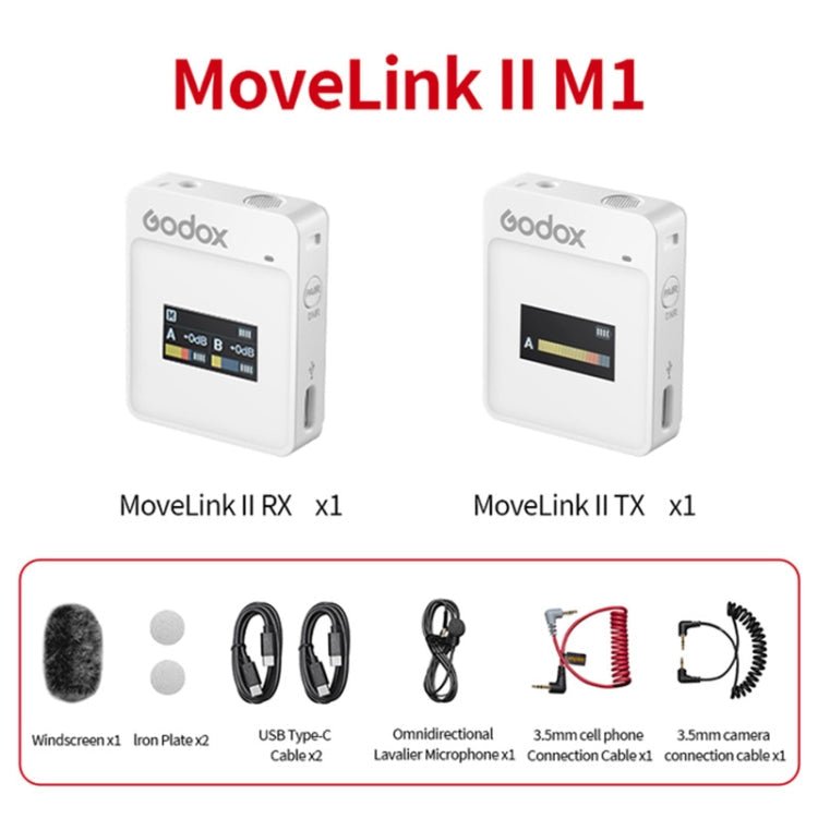 Godox MoveLink II M1 Wireless Lavalier Microphone System with Transmitters and Receiver for DSLR Cameras and Camcorders (White) - British D'sire