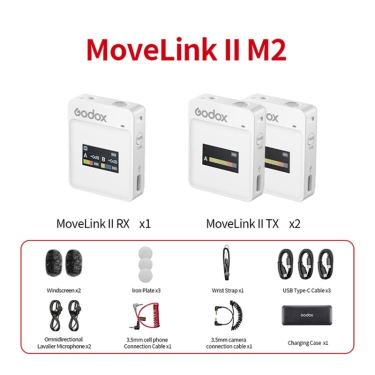 Godox MoveLink II M2 Wireless Lavalier Microphone System with 2 Transmitters and 1 Receiver for DSLR Cameras and Camcorders (White) - British D'sire