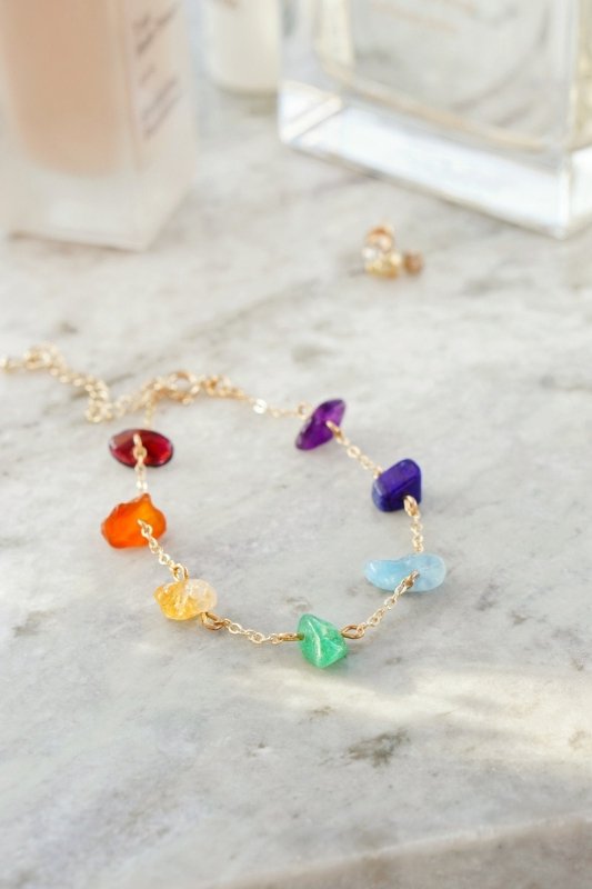 Gold Tone 7 Chakra Raw Stone Crystal Bracelet - Bracelets - British D'sire Main image