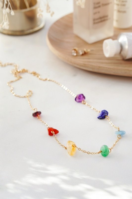 Gold Tone 7 Chakra Raw Stone Crystal Necklace - Necklaces - British D'sire Main image