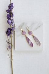 Gold Tone Amethyst Slice Pendant Earrings - Earrings - British D'sire