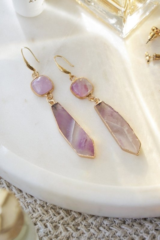 Gold Tone Amethyst Slice Pendant Earrings - Earrings - British D'sire Main image