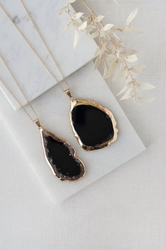 Gold Tone & Black Agate Crystal Long Length Statement Necklace - Necklaces - British D'sire Main image