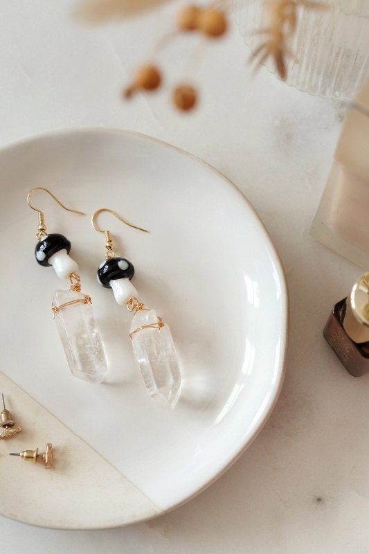 Xander Kostroma Gold Tone Black Mushroom & Raw Quartz Earrings – Unique 7cm Drop, Natural Quartz and Mushroom Design, Statement Earrings for Bold Fashion Lovers, Boho Jewelry Gift Secondary image