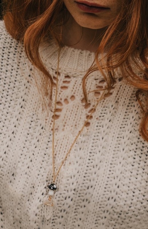 Gold Tone Black Mushroom & Raw Quartz Pendant Necklace - Necklaces - British D'sire