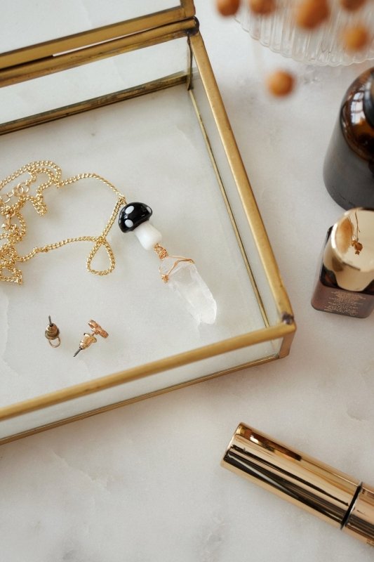 Gold Tone Black Mushroom & Raw Quartz Pendant Necklace - Necklaces - British D'sire