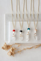 Gold Tone Black Mushroom & Raw Quartz Pendant Necklace - Necklaces - British D'sire