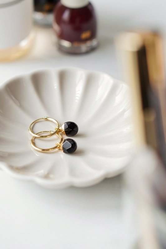 Gold Tone Black Obsidian Chunky Hoop Drop Earrings - Earrings - British D'sire