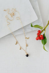 Gold Tone Black Obsidian Moon and Stars Charm Necklace - Necklaces - British D'sire