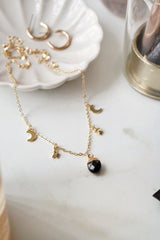 Gold Tone Black Obsidian Moon and Stars Charm Necklace - Necklaces - British D'sire