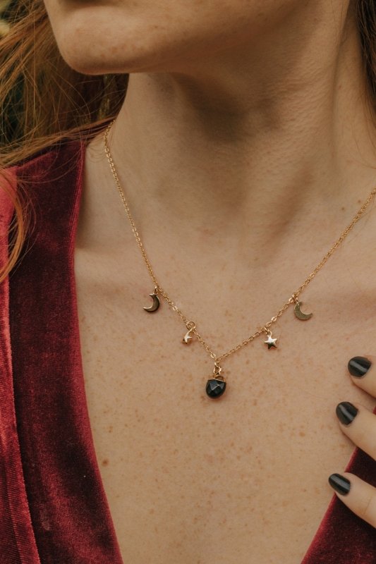 Gold Tone Black Obsidian Moon and Stars Charm Necklace - Necklaces - British D'sire Main image