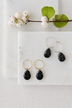 Gold Tone Black Obsidian Teardrop Chunky Hoop Earrings - Earrings - British D'sire