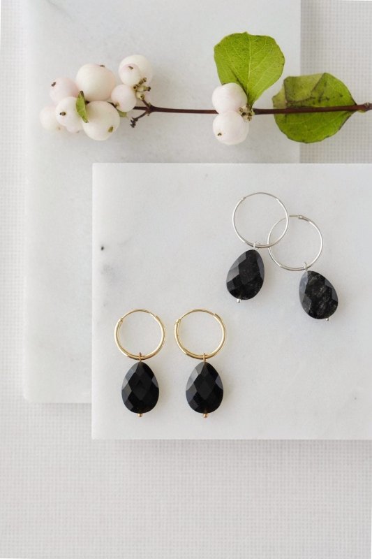 Gold Tone Black Obsidian Teardrop Chunky Hoop Earrings - Earrings - British D'sire