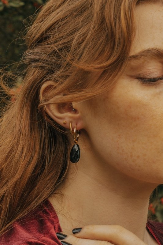 Gold Tone Black Obsidian Teardrop Chunky Hoop Earrings - Earrings - British D'sire Main image