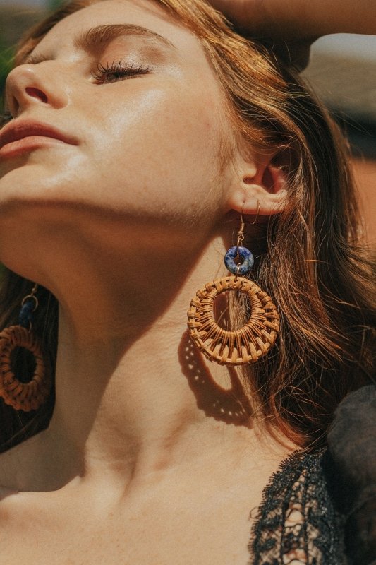 Gold Tone Blue Vein Stone Rattan Earrings - Earrings - British D'sire Main image