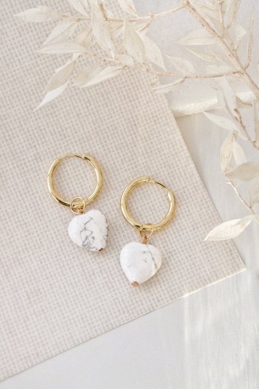 Gold Tone Chunky Hoop and Howlite Love Heart Earrings - Earrings - British D'sire Main image