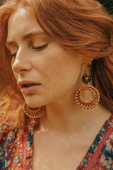Gold Tone Circle Rattan Tigers Eye Earrings - Earrings - British D'sire