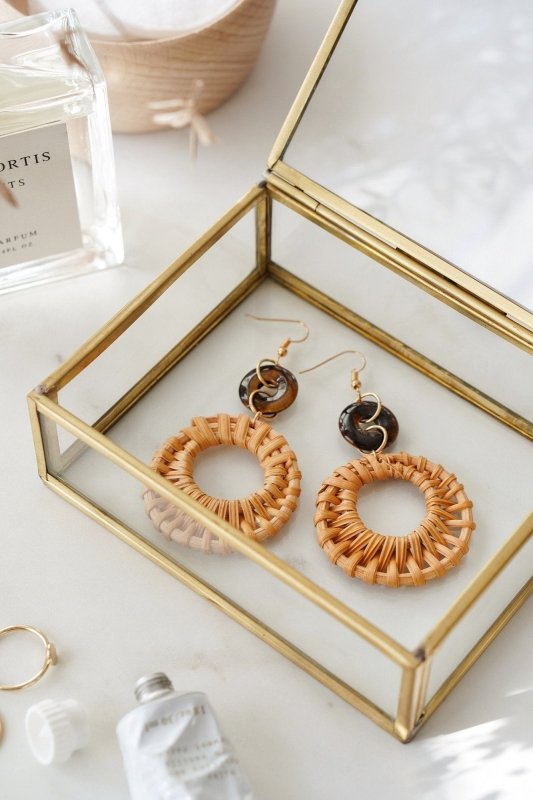 Gold Tone Circle Rattan Tigers Eye Earrings - Earrings - British D'sire Main image