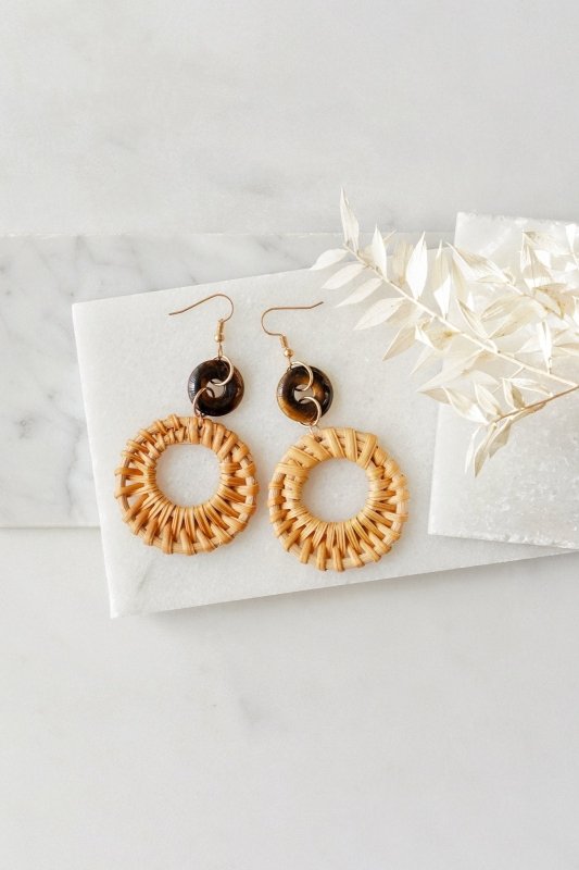 Gold Tone Circle Rattan Tigers Eye Earrings - Earrings - British D'sire