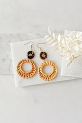 Gold Tone Circle Rattan Tigers Eye Earrings - Earrings - British D'sire