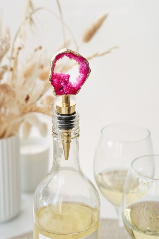 Gold Tone Fuchsia Pink Agate Crystal Wine Bottle Stopper - Bottle Openers - British D'sire Main image