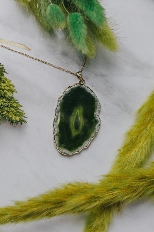 Gold Tone & Green Agate Crystal Long Length Statement Necklace - Necklaces - British D'sire Main image