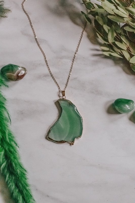 Gold Tone & Green Agate Crystal Long Length Statement Necklace - Necklaces - British D'sire