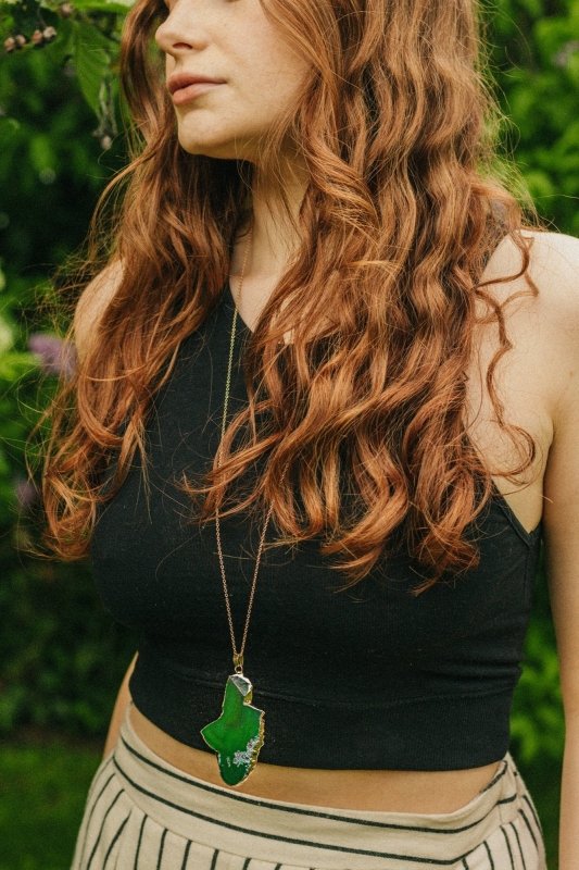 Gold Tone & Green Agate Crystal Long Length Statement Necklace - Necklaces - British D'sire