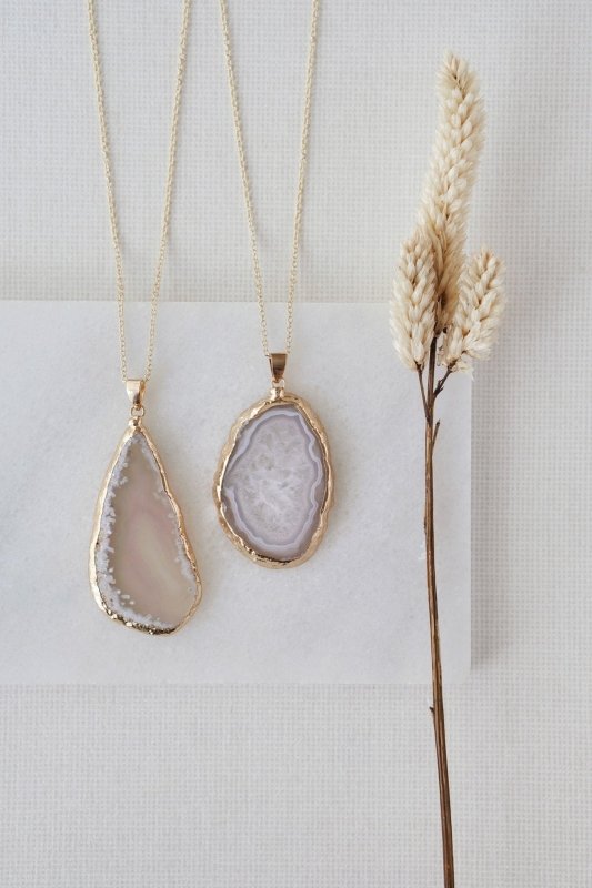 Gold Tone & Grey Agate Crystal Long Length Statement Necklace - Necklaces - British D'sire Main image