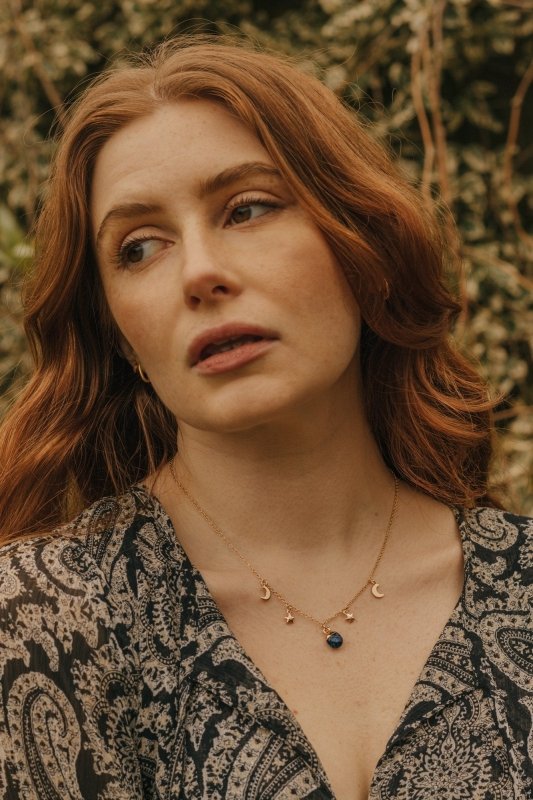 Gold Tone Lapis Lazuli Moon and Stars Charm Necklace - Necklaces - British D'sire Main image