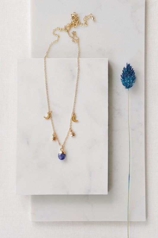 Gold Tone Lapis Lazuli Moon and Stars Charm Necklace - Necklaces - British D'sire