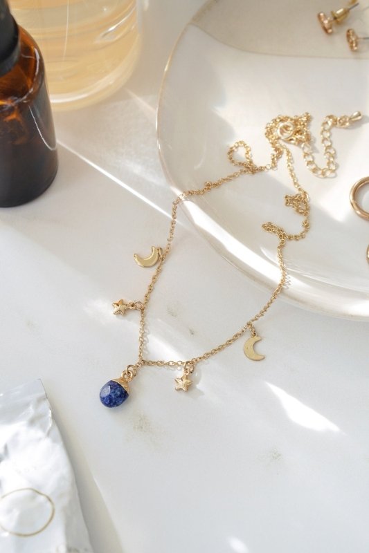 Gold Tone Lapis Lazuli Moon and Stars Charm Necklace - Necklaces - British D'sire