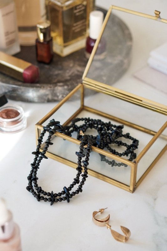Gold Tone Long Length Black Obsidian Statement Necklace - Necklaces - British D'sire