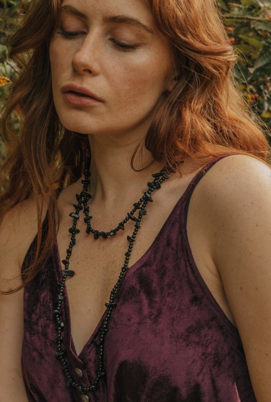 Gold Tone Long Length Black Obsidian Statement Necklace - Necklaces - British D'sire