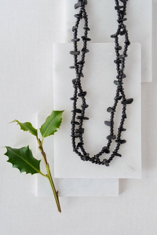 Gold Tone Long Length Black Obsidian Statement Necklace - Necklaces - British D'sire