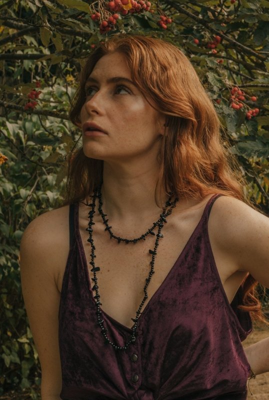 Gold Tone Long Length Black Obsidian Statement Necklace - Necklaces - British D'sire Main image
