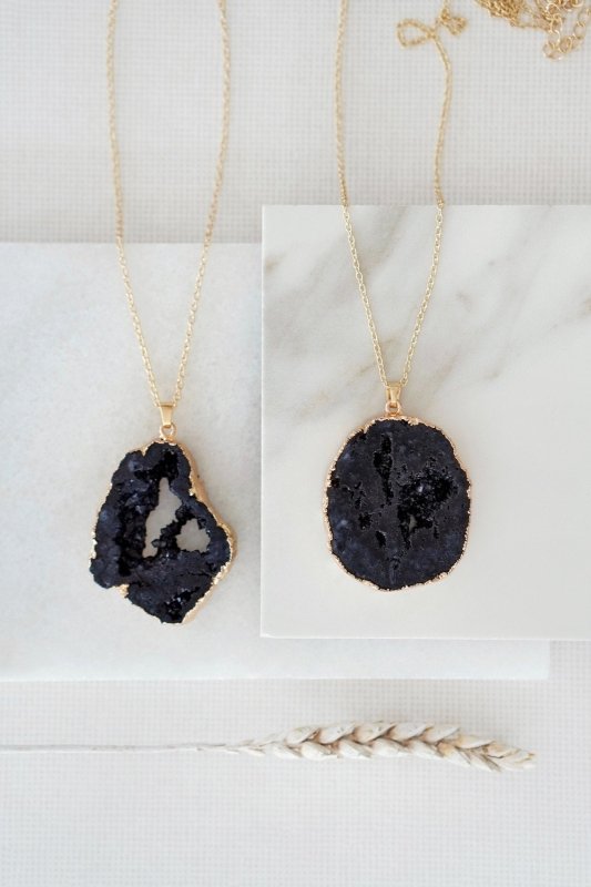 Gold Tone Long Length Maxi Raw Black Agate Pendant Necklace - Necklaces - British D'sire