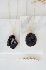 Gold Tone Long Length Maxi Raw Black Agate Pendant Necklace - Necklaces - British D'sire