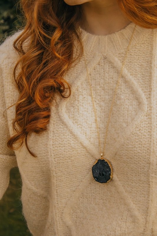 Gold Tone Long Length Maxi Raw Black Agate Pendant Necklace - Necklaces - British D'sire