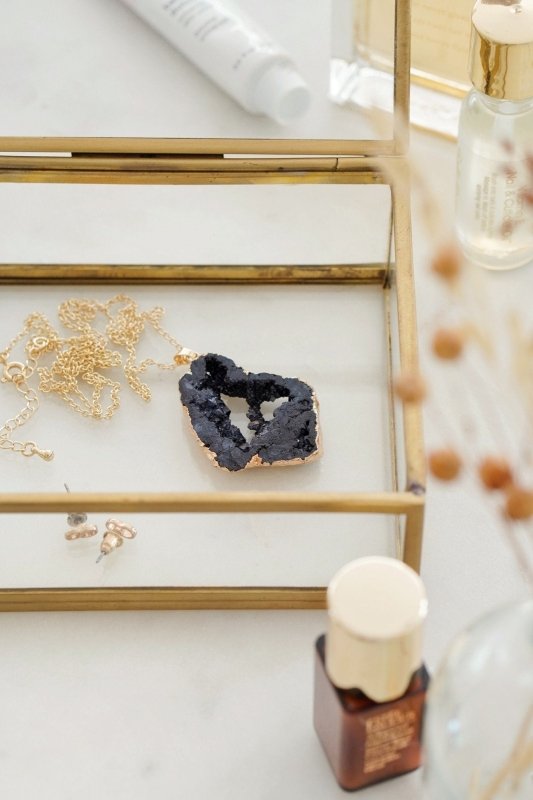 Gold Tone Long Length Maxi Raw Black Agate Pendant Necklace - Necklaces - British D'sire