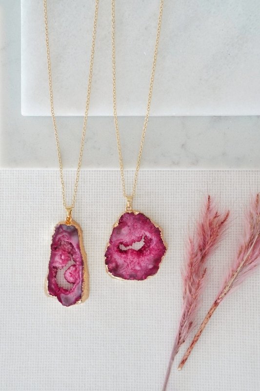 Gold Tone Long Length Maxi Raw Burgundy Agate Pendant Necklace - Necklaces - British D'sire Main image