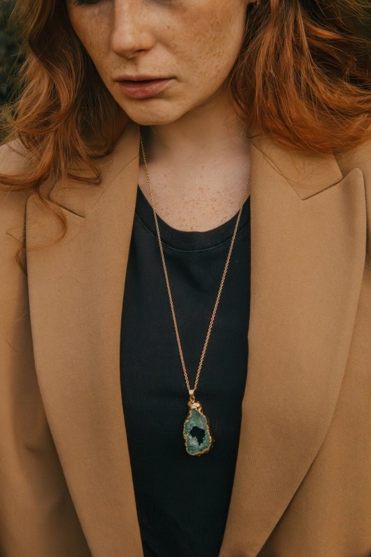 Gold Tone Long Length Maxi Raw Green Agate Pendant Necklace - Necklaces - British D'sire